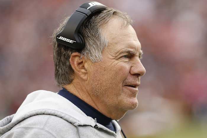 Oct 6, 2019; Landover, MD, USA; New England Patriots head coach Bill Belichick reacts from the sidelines against the Washington Redskins in the fourth quarter at FedExField.